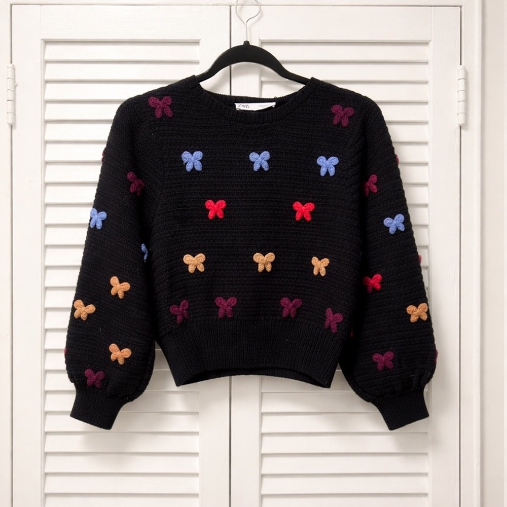 ZARA 🎀 NWT Puff Sleeve Chunky Knit Bow Sweater